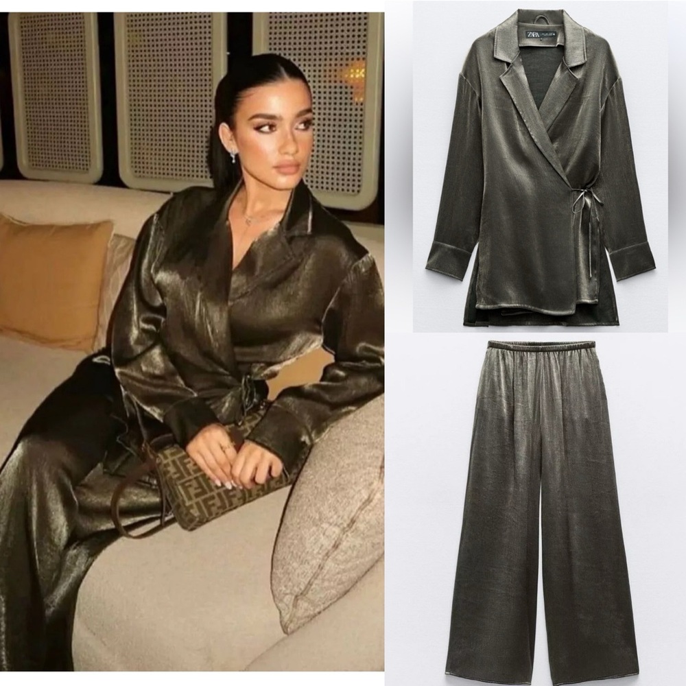 Zara NWT 2 piece set wrap tie kimono & flowy pants metallic charcoal OVERSIZED